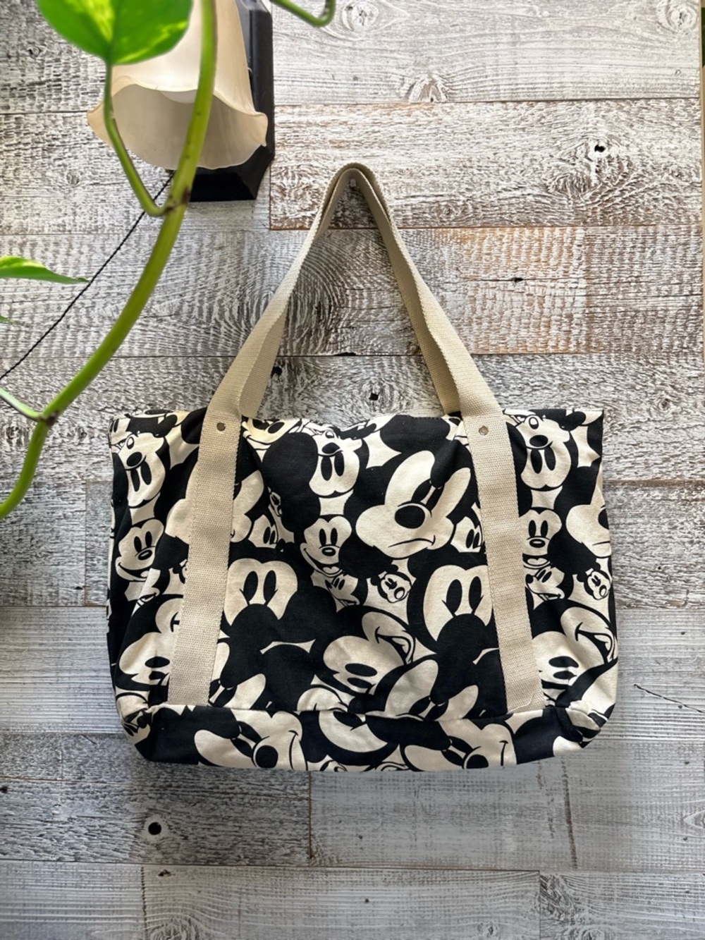 Vintage Mickey Mouse All-Over Print 3-Compartment Cream/Black Canvas Tote Bag
